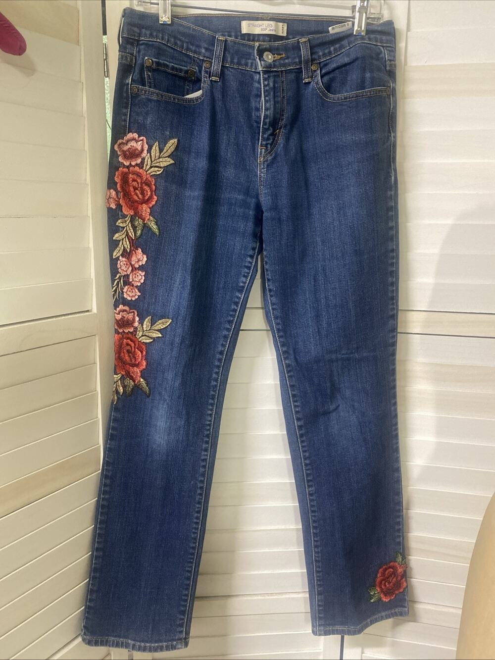 Levi's 505 Jeans Women’s 10 Blue Cotton Denim Straight Leg Floral Appliqués